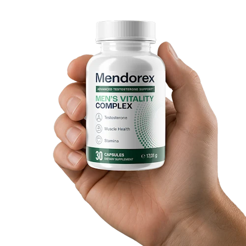 Hand holding a bottle of Mendorex men's vitality complex, 30 capsules